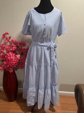 Light Blue Striped Midi Dress with Belt